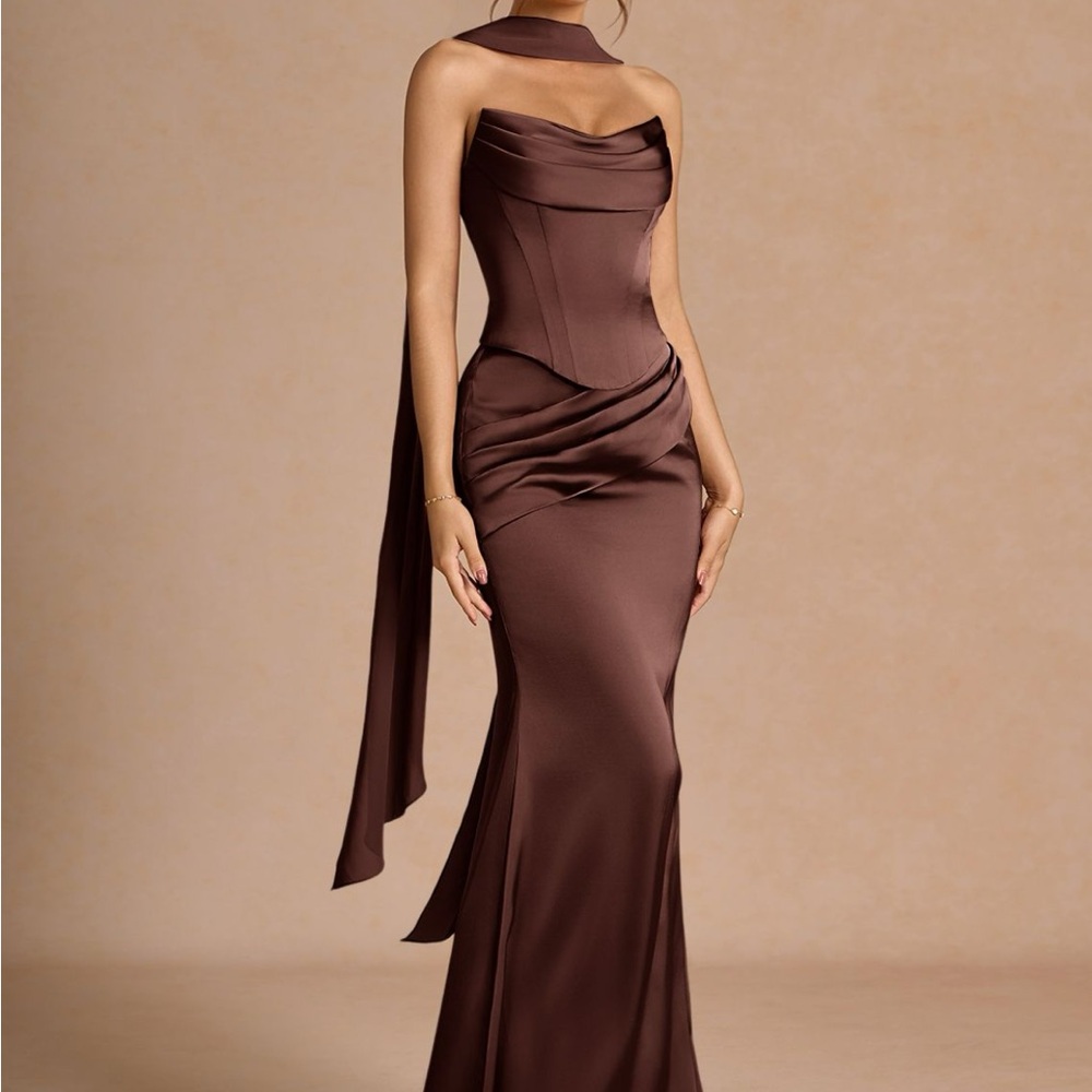 Azazie Strapless Satin Column Gown in Chocolate Brown - Picture 1 of 8
